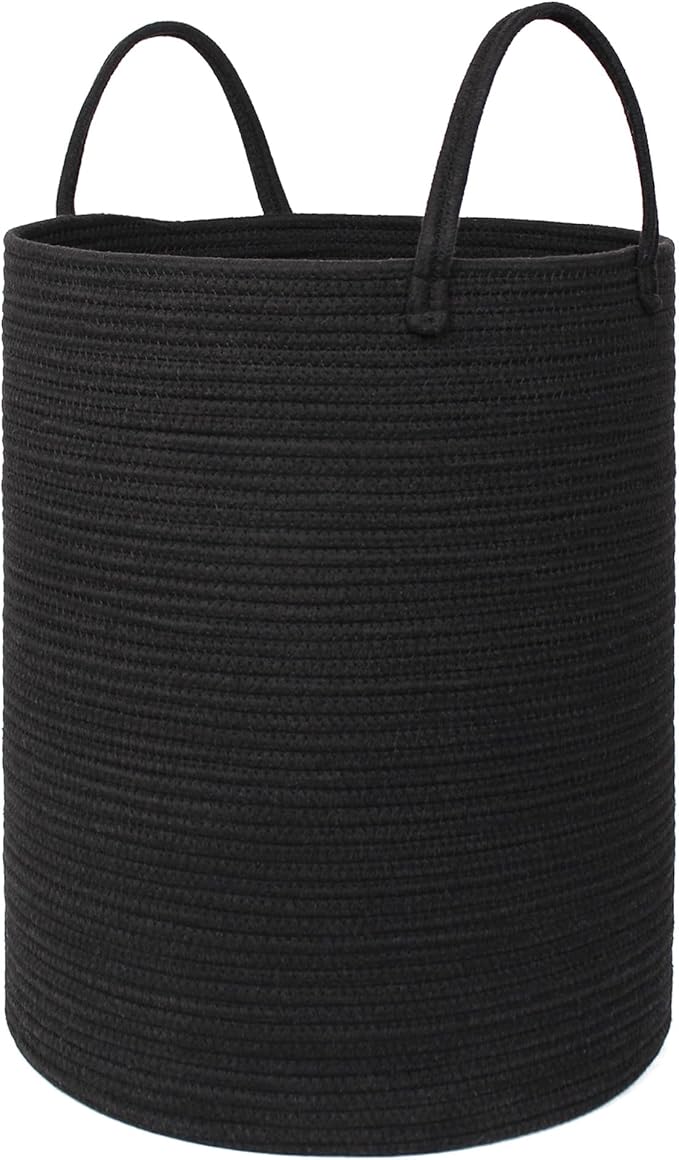 Black Woven Laundry Basket, 15"x18" Tall Basket for Blankets, Wicker Hamper for Bedroom Aesthetic, Decorative Storage Hamper for Clothes, Towel, Rope Storage Bin for Living Room, Bathroom