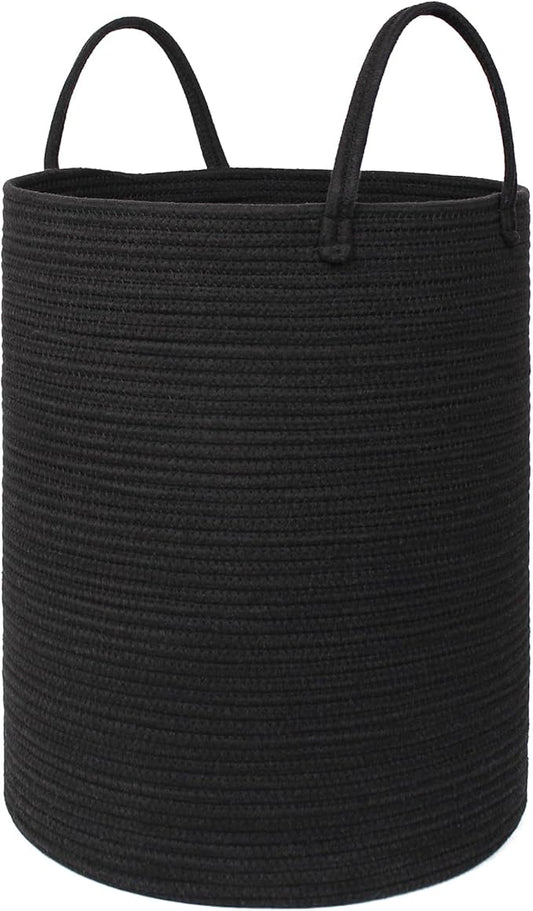 Black Woven Laundry Basket, 15"x18" Tall Basket for Blankets, Wicker Hamper for Bedroom Aesthetic, Decorative Storage Hamper for Clothes, Towel, Rope Storage Bin for Living Room, Bathroom