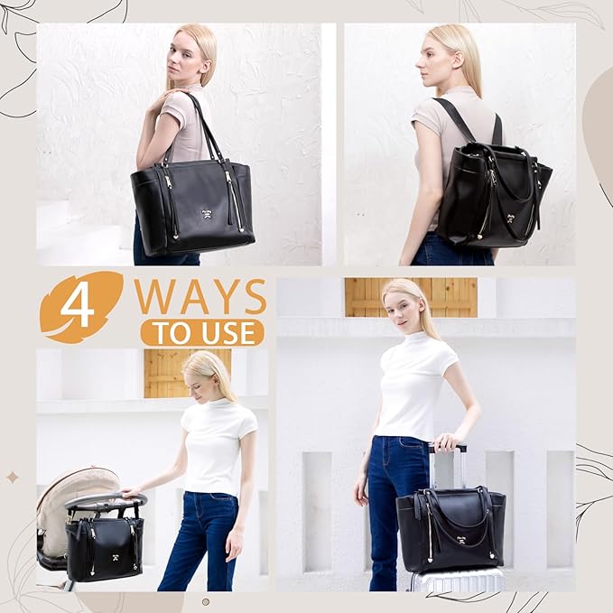 miss fong Diaper Bag Tote Leather Diaper Bag Backpack,Large Capacity Mommy Bag Hospital Bag,12 Pockets Travel Diaper Tote with Changing Pad,Stroller Straps & Insulated Pockets for Mom & Dad-Black