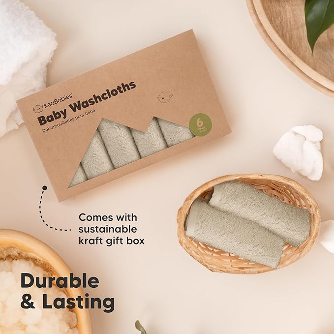 6-Pack Soft Baby Washcloths, Viscose from Bamboo - Kids, Newborn Bath Towels, Infant Shower, Toddler Reusable Face Towel, Gentle on Skin, Face Wash Cloths for Babies, 10x10 (Khaki)