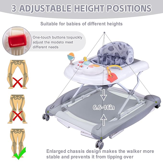 5 in 1 Foldable Baby Walker, Activity Baby Walker-Baby Bouncer, Rocker, Activity Center,Seat and Push Walker,Detachable Trampoline Mat, Adjustable Speed Rear Wheels and Height,Ages 6-18 Months(Grey)