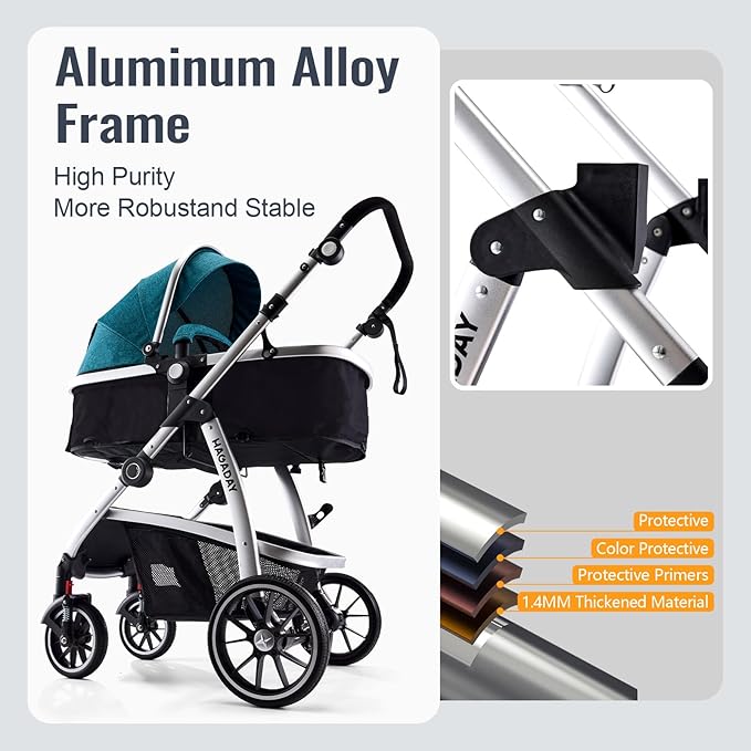 Baby Stroller, 2-in-1 Reversible Toddler Seat with Bassinet Mode, Foldable Infant Stroller with Canopy, One Button Brake, Adjustable Handle, Newborn Pushchair(Blue)