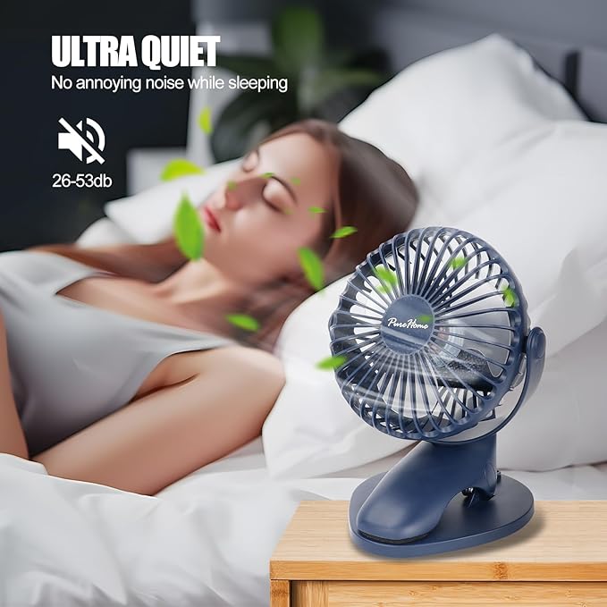 Portable Clip Fan Battery Operated,3 Speeds USB Rechargeable Mini Table Fan with Strong Airflow,360°Rotation Ultra Quiet Personal Desk Fan for Home Office Bedroom Dorm Stroller Camping - DeepBlue