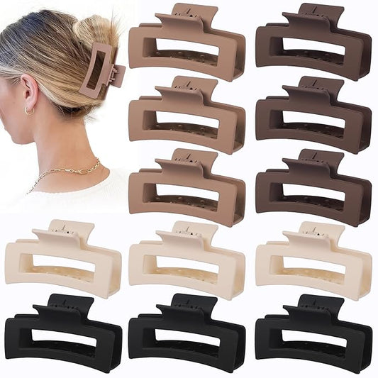 Hair Claw Clips, 3.5 Inch Medium Square Jaw Clips 12 Pcs for Thick and Thin Hair - Matte Black, Dark Brown, Light Brown, Bulk Hair Accessories