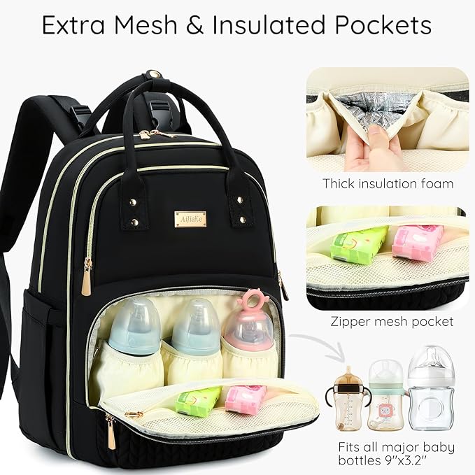Diaper Bag Backpack - Large Multi functional, Boys, Girls & Baby Travel Essentials Tote with Changing Pad, Insulated Pockets, Stroller Straps, Waterproof - Baby Backpack for Mom & Maternity (Black)