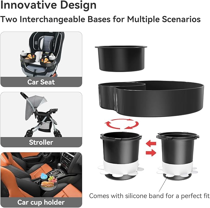 [2 Pack] Car Seat Cup Holder Snack Tray Black, Toddler Travel & Road Trip Essentials Accessory for Mess-Free Snacking in The Car,Travel Tray for Kids Car Seat