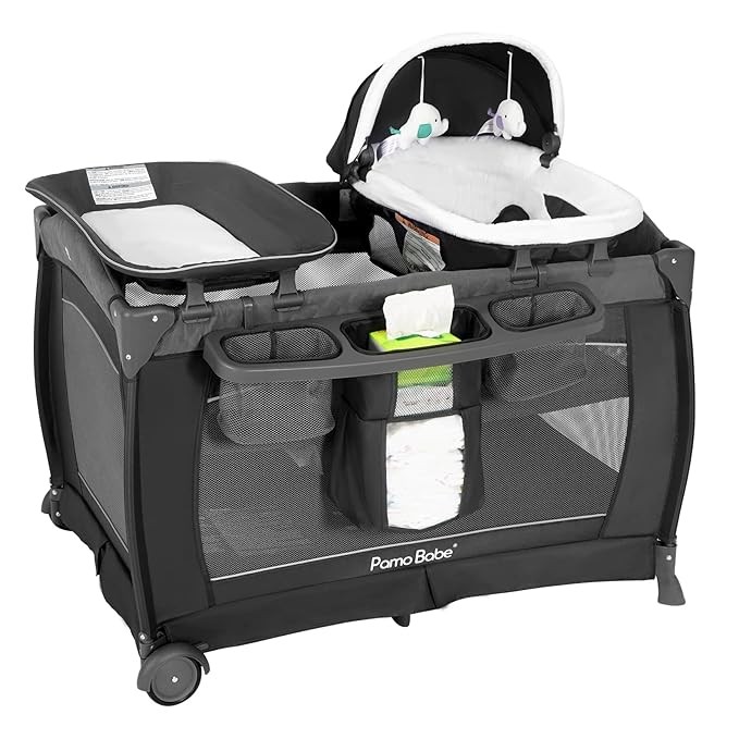 Pamo Babe Playard Portable Playard Foldable Playpen for Baby and Toddler Portable Crib Mattress Diaper Changer for Newborn (Grey)