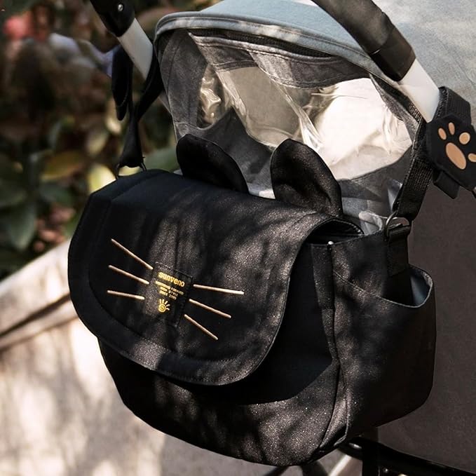 SUNVENO Kitty Stroller Organizer Bag – Universal Baby Stroller Caddy with 2 Cup Holders, Adjustable Straps, Waterproof Oxford, Lightweight Travel Accessory for Strollers, Prams & Pushchairs,Black