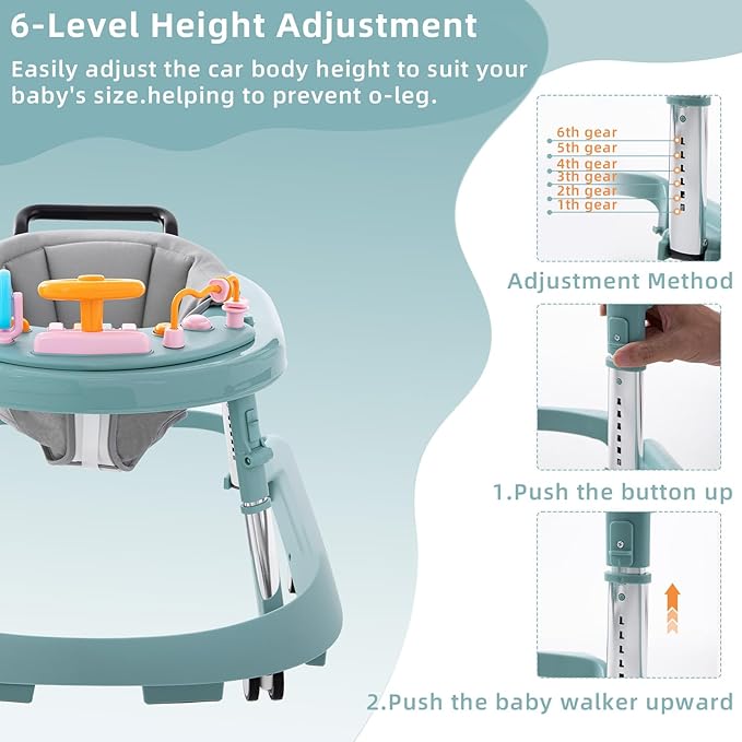 Baby Walker Foldable with Music and Lights,Portable Baby Walker with Wheels,9 Adjustable Heights,Removable Tray&Footrest, Speed Adjustable,Infant Toddler Walker for Baby Boy Girls 6-18 Months(Green)