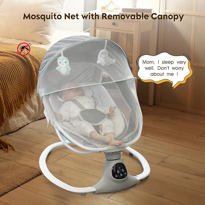 Electric Baby Swing for Infants to Toddler, Portable Swing Baby Rocker with 5 Point Harness, 5 Sway Speed, Bluetooth,12 Preset Lullabies with Remote Control, Infant Swing for Baby Boys & Girls, Grey