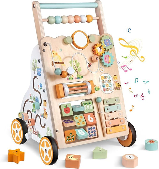 Wooden Baby Walker with Wheels, Push Walker with Baby Activity Center, Montessori Walking Toy for 1 Year Old Girls Boys, Ajustable Speed & Height Activity Toy for Toddler Learning to Walk 12+ Months