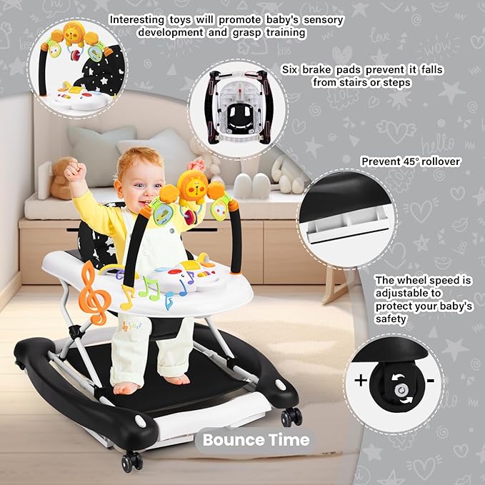 Baby Walker, 5 in 1 Baby Walkers for Boys Girls 6-12 Months, Foldable Walkers for Babies with Bouncer & Feeding Tray, Music, Adjustable Heights, Activity Walker for Infant