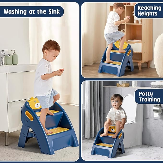 TPN Toddler Step Stool for Bathroom Sink and Potty Training Durable Anti-Slip,Anti-Tip A-Frame,10-Second Assembly, 2-Step Potty Stool with Wide Steps (Navy Blue)