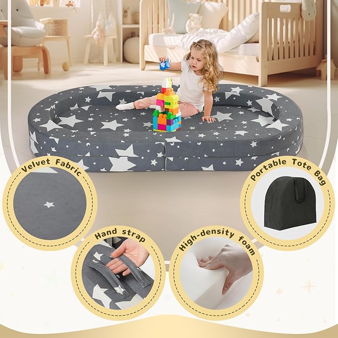 Travel Toddler Bed, 3-in-1 Portable Foldable Toddler Chair,Soft Foam Floor Bed Lounger with Washable Cover,Star