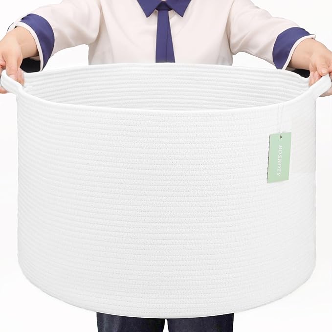 Extra Large Blanket Basket 87L, Laundry Hamper, Baby Nursery Hamper for Storage Toys Clothes Towels, Large Cotton Rope Laundry Basket for Girls Boys, 22”x 14”, White