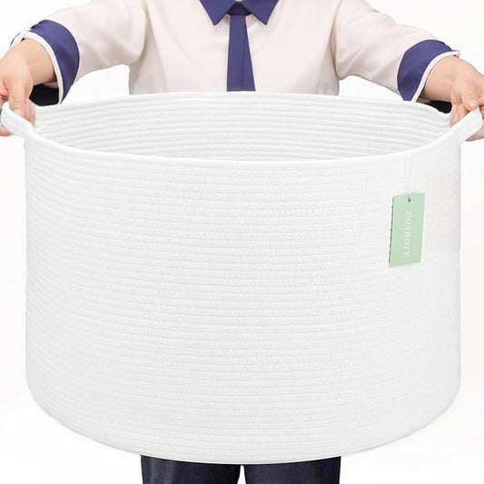 Extra Large Blanket Basket 87L, Laundry Hamper, Baby Nursery Hamper for Storage Toys Clothes Towels, Large Cotton Rope Laundry Basket for Girls Boys, 22”x 14”, White