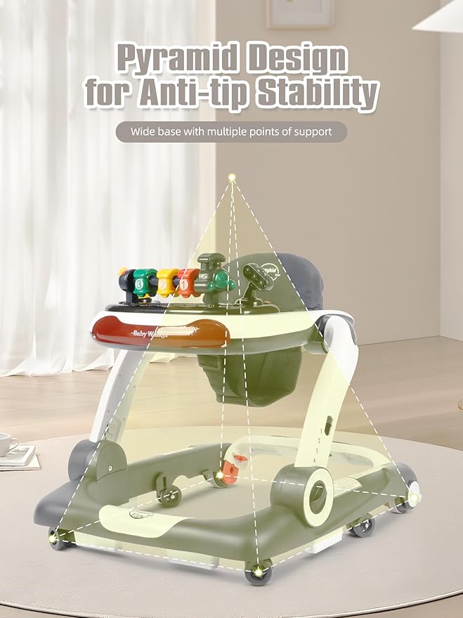 Music and Lights Baby Walker with Wheels, 6 in 1 Baby Activity Center w/Ergonomic backrest Design, Baby Walkers for Boys w/Foot Pads, Music Bouncer Walkers for Boys Girls Babies 6-18 Months, D Grey