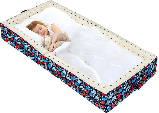 100% Cotton Lining Portable Foldable Toddler Travel Bed - Soft Foam Floor Bed with Washable Cover, Safe and Comfortable Toddler Crib, Ocean Blue