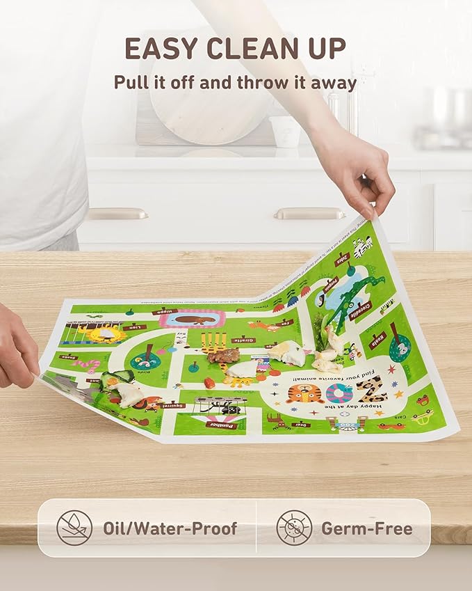 Babebay Disposable Stick-on Placemats 40 Pack for Baby & Kids & Toddler, Sticky Placemats Restaurant Table Mats 12" x 18" (Happy Zoo)