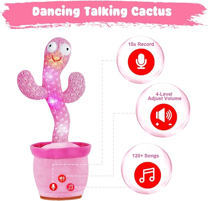 Dancing Talking Cactus Toy for Baby Toddler, Volume Adjustable, Mimicking, Recording, Singing English Songs, Tummy Time Toys –Baby Toys Girls Gifts