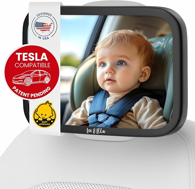 Leo and Ella - Tesla Fixed Headrest Baby Car Mirror, Extra Large Car Mirror For Baby, Shatterproof & Adjustable Safety Mount with Elastic Strap