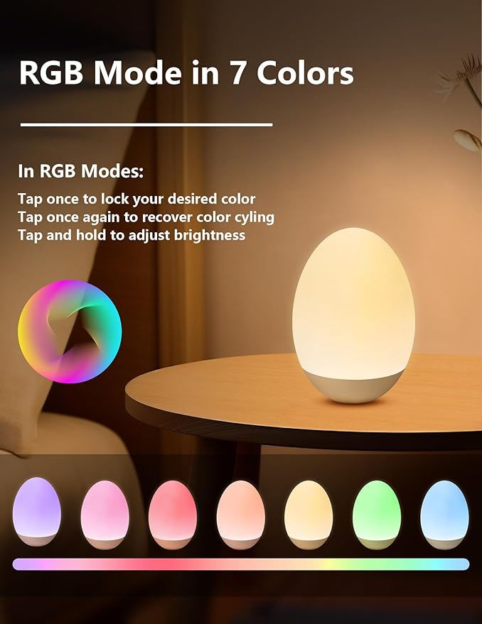 Egg Night Light for Nursery: Baby Night Lights Tap Lamp Stepless Dimming with Warm White and 7 RGB Colors Rechargeable Portable for Infant and Kids Bedroom Breastfeeding Sleep Aid