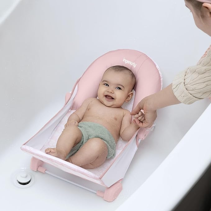 Ingenuity Foldaway 2-Position Bather, 2-Position Adjustable Support Baby Bath seat for Sink or Bathtub, Ages 0-6 Months, up to 20 pounds, Pink
