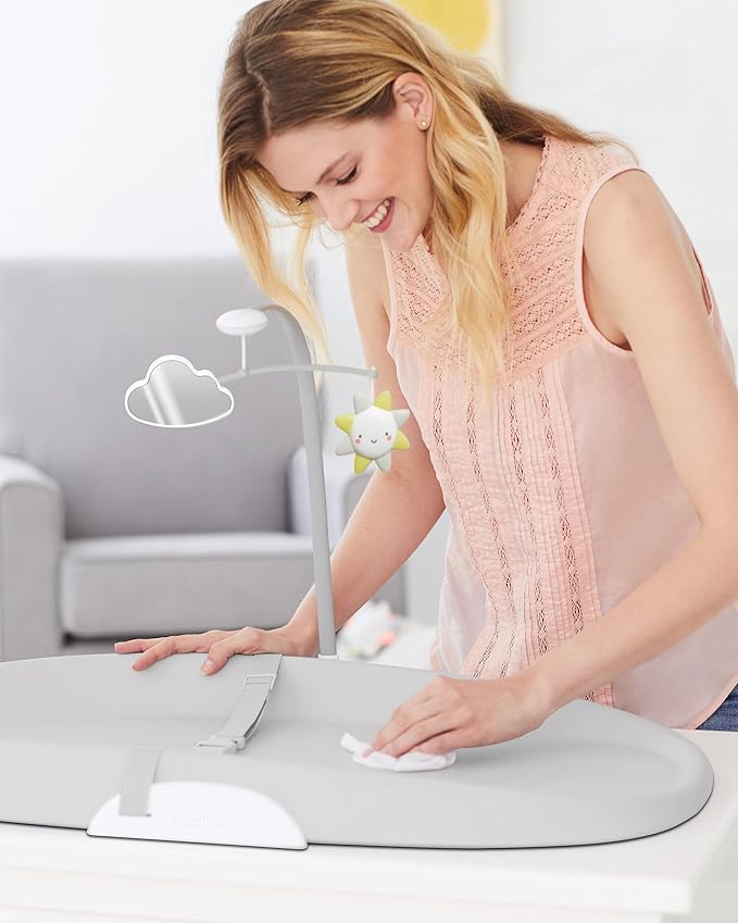 Skip Hop Baby Changing Pad Nursery Style Wipe-Clean Contoured with Cushioned Foam, Non-Skid Base, Built-in Safety Belt & Tuck-Away Toy Bar, Grey