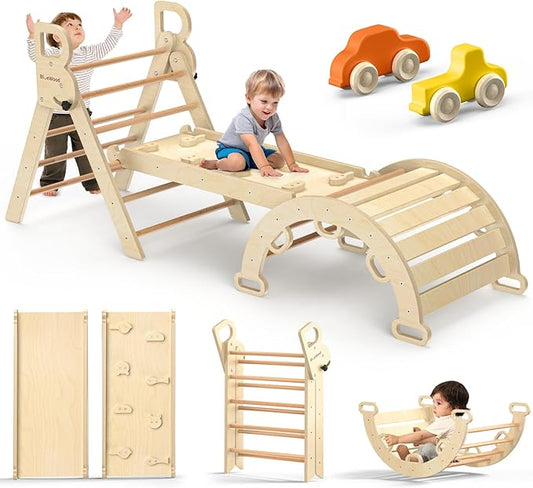 BlueWood Pikler Triangle Set 7-in-1 Foldable Baby Climbing Wooden Toys with Arch&Ramp&Ladder Climber Indoor Jungle Gyms for Toddlers - Natural Wood