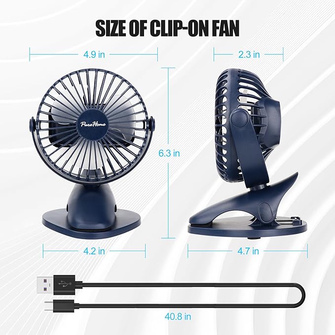 Portable Clip Fan Battery Operated,3 Speeds USB Rechargeable Mini Table Fan with Strong Airflow,360°Rotation Ultra Quiet Personal Desk Fan for Home Office Bedroom Dorm Stroller Camping - DeepBlue