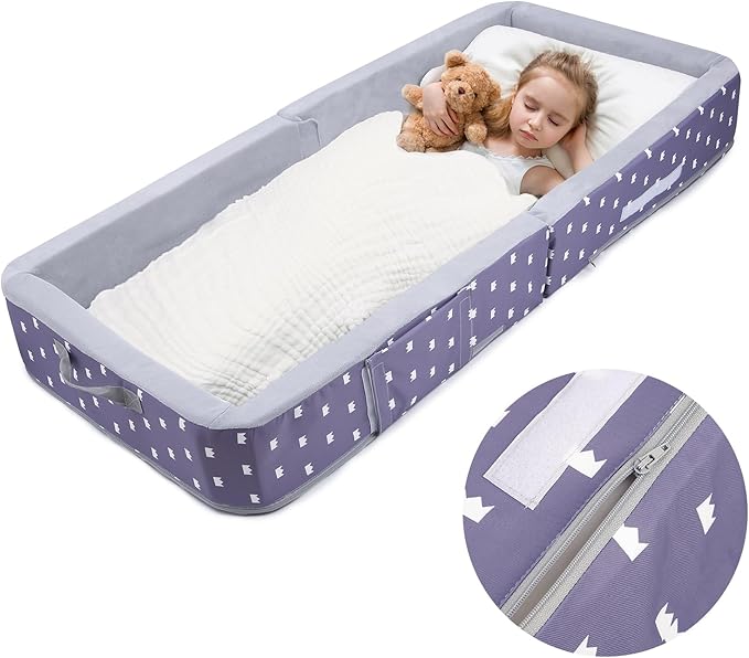 Mooedcoe Foldable Toddler Floor Bed with Sides, Folding Toddler Bed for Travel Kid Foam Sleeping Cot for Children 18M – 5yr Old (Rectangular, Crown)