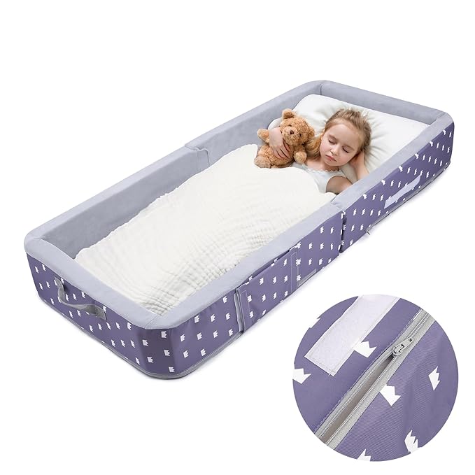 Mooedcoe Foldable Toddler Floor Bed with Sides, Folding Toddler Bed for Travel Kid Foam Sleeping Cot for Children 18M – 5yr Old (Rectangular, Crown)