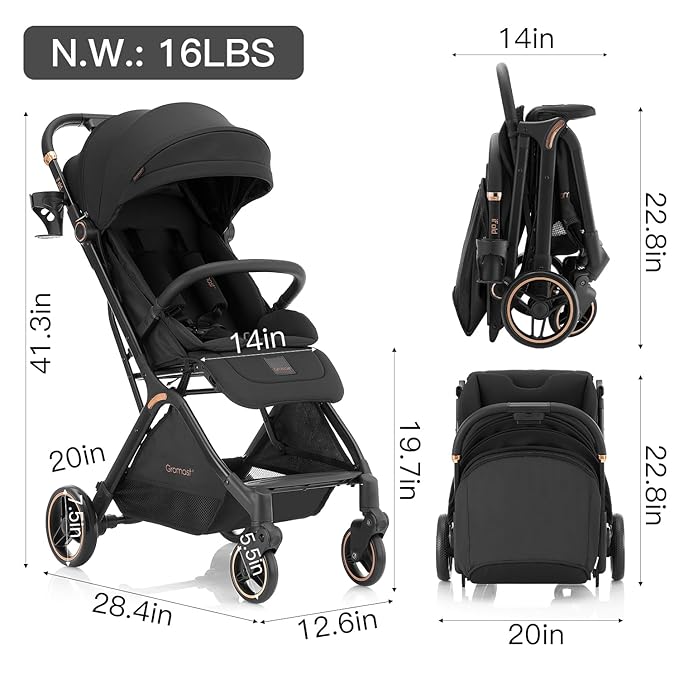 Gravity Folding Baby Stroller - Portable Travel Toddler Stroller w/Adjustable Backrest & Canopy, Lightweight and UV Protected, One-Hand Automatic Folding - Black