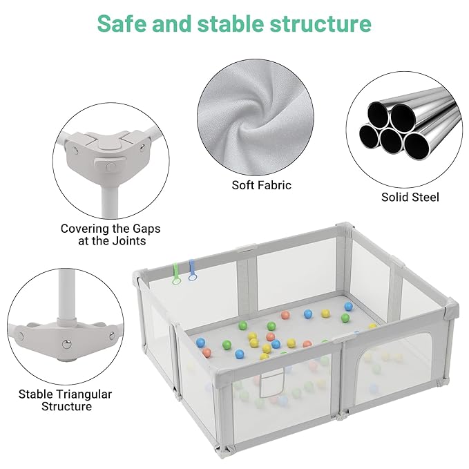 Baby Playpen, 73" x 61" Lareg Foldable Playpen with Mat for Babies and Toddlers, Play Pen with Soft Breathable Mesh, Ocean Balls and Pull Links, Baby Playard for Indoor & Outdoor, Gray