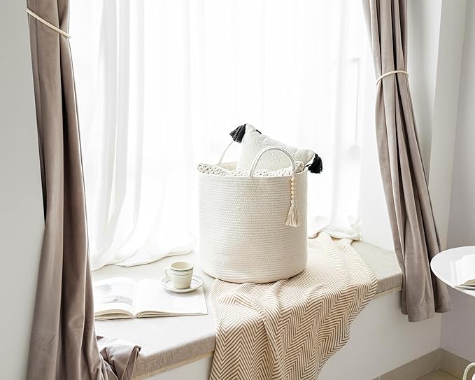 Mkono Tall Laundry Basket Woven Decorative Rope Storage Basket Wooden Bead Decoration for Blankets Toys Clothes Shoes Organizer Bin with Handles Living Room Home Decor, 15" W x 17.7" L, White