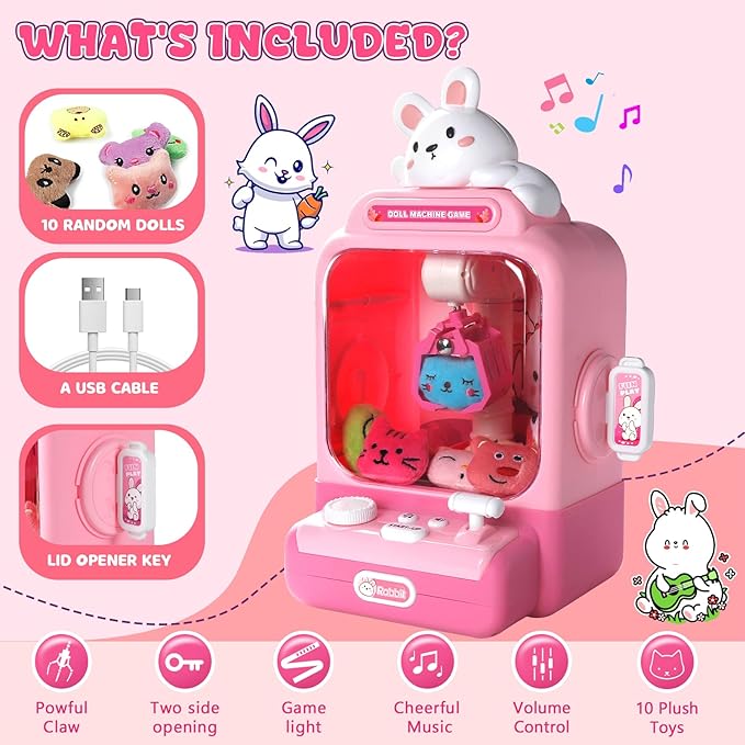 Claw Machine for Kids,Mini Vending Machines Candy Grabber Prize Dispenser Toys for Girls,Electronic Arcade Claw Game Machine for Party Birthday with Lights Sound (Light Bunny Claw)