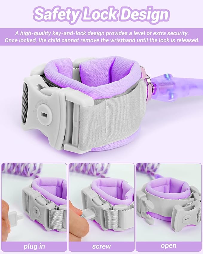 Anti Lost Wrist Link, 2 Pack Toddler Safety Leash with Key Lock, Reflective Child Walking Harness - Dual 8.2ft Length Blue & Purple Kids Leash for Store Mall Airport Theme Park Trip
