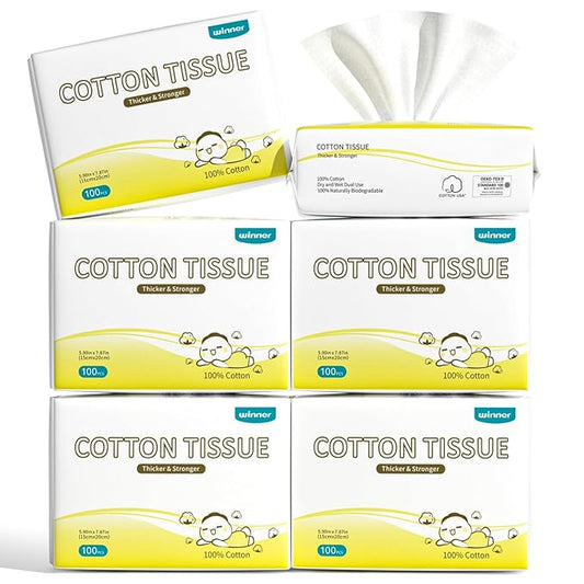 Winner 100% Cotton Dry Wipes, USDA Certified Baby Wipes, 600 Count, Soft & Gentle, Hypoallergenic & Unscented for Baby Sensitive Skin, Use Wet/Dry for Diaper Changes, Meals & Cleanup, Pack of 6