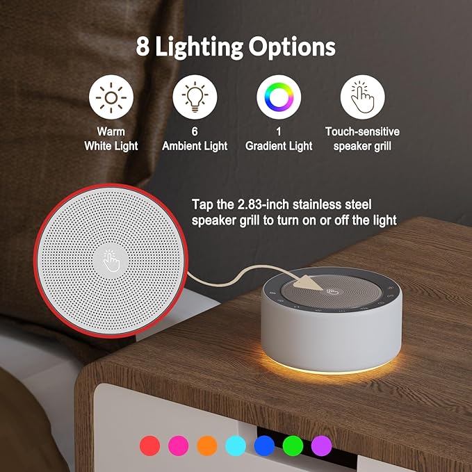 Kipcush White Noise Sound Machine with Nursery Lamp, Mood Lighting, 7 Colour Night Light, 30 Soothing Sounds for Baby/Adult. Timer, Plug in, Memory Function, Touch Control