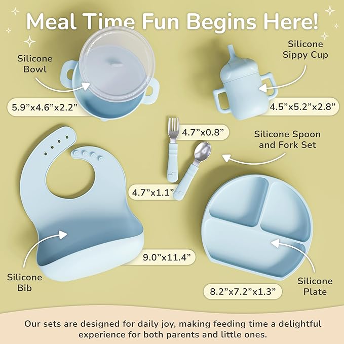 mimi & kiki BPA-Free Silicone Baby Feeding Set, Baby Plates and Bowls Set, Baby Led Weaning Supplies, Silicone Suction Plate, Baby Utensils, Bib and Cup, Self Feeding, Dishwasher Safe (Light Blue)
