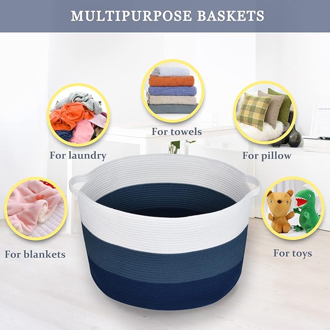 Extra Large Blanket Basket 87L, Laundry Hamper, Baby Nursery Hamper for Storage Toys Clothes Towels, Large Cotton Rope Laundry Basket for Girls Boys, 22”x 14”, White & Cadet Blue & Navy Blue