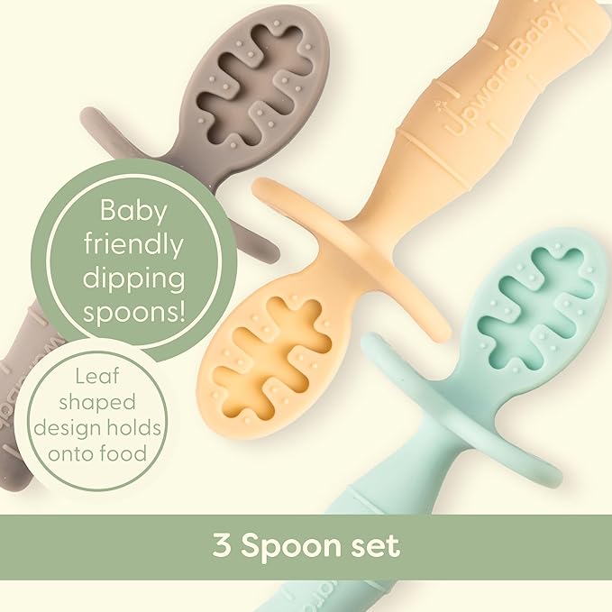 UpwardBaby Silicone Baby Spoons - 3-Pack, Mint/Beige/Grey - Self Feeding 6-12 Months with Anti-Choke Barrier & Textured Grippy Tips - Baby LED Weaning Utensils & Infant Feeding Spoons