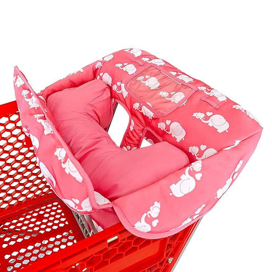 Soft Pillow Attached 2-in-1 Shopping Cart and High Chair Cover for Baby, Cotton Padded Cart Cover, Fold'n Roll Style, Portable with Carry Bag (Pink Elephant)