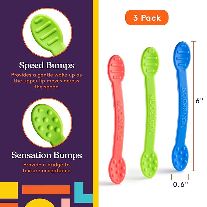 Special Supplies Duo Spoon Oral Motor Therapy Tools, 3 Pack, Textured Stimulation and Sensory Input Treatment for Babies, Toddlers or Kids, BPA Free Silicone with Flexible, Easy Handle