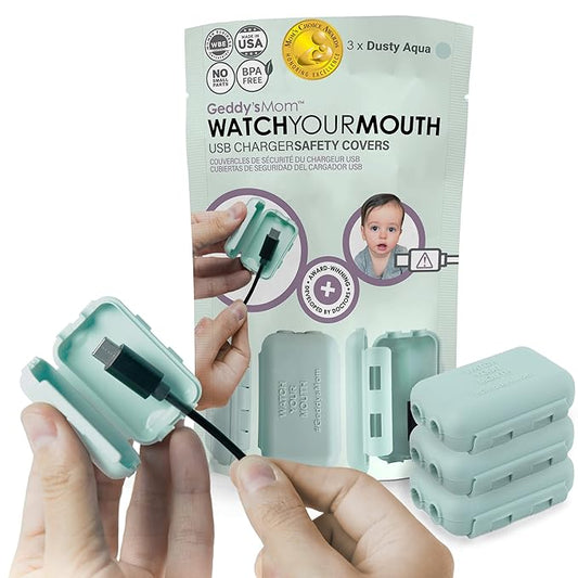 Geddy´s Mom Watch Your Mouth - The Award Winning Child Safety USDB Port Plug Cover| BPA & Phthalate-Free Charger Protector | Electrical Safety Baby Products (3-Pack, Dusty Aqua)
