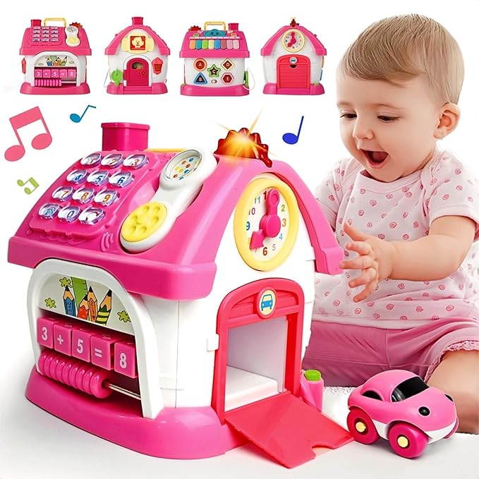 Toys for 1+ Year Old Girls - Montessori 8-in-1 Musical Activity House Toys with Lights, Sounds & Bilingual EN/ES Learning, First Birthday & Xmas Gifts for 1 2 3 Year Old Girl