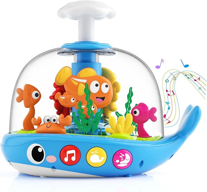DUPHLAGT Baby Toys 6-12 Months - Toys for 1 Year Old Boy Girl Birthday Gift Press & Spin Aquarium Musical Light Up Infant Toys 12-18 Months - Bilingual Learning Toy for 1 2 Year Old (Blue)