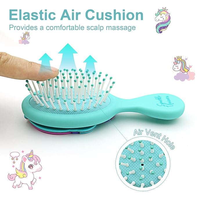 Toddler Hair Brush - Mini Hair Brush for Kids - Travel Brush for Boys and Girls - Unicorn Brush with Air Cushion - Blue