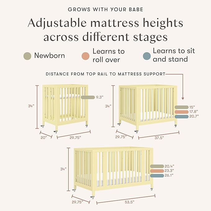 Babyletto Rolli 9-in-1 Convertible Baby Crib with Wheels - Includes Conversion Kits for Bassinet, Standard Crib, Toddler Bed, Daybed & Junior Bed - GREENGUARD Gold - 3 Adjustable Heights - Pale Yellow