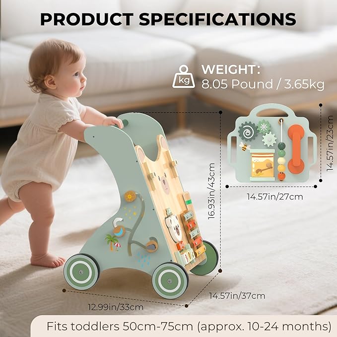 Wooden Baby Walker, Adjustable Speed Baby Push Walker for 1 Year Old, 10-in-1 Montessori Walker for Boys & Girls, Toddler Sit-to-Stand Learning Toy with Detachable Busy Board